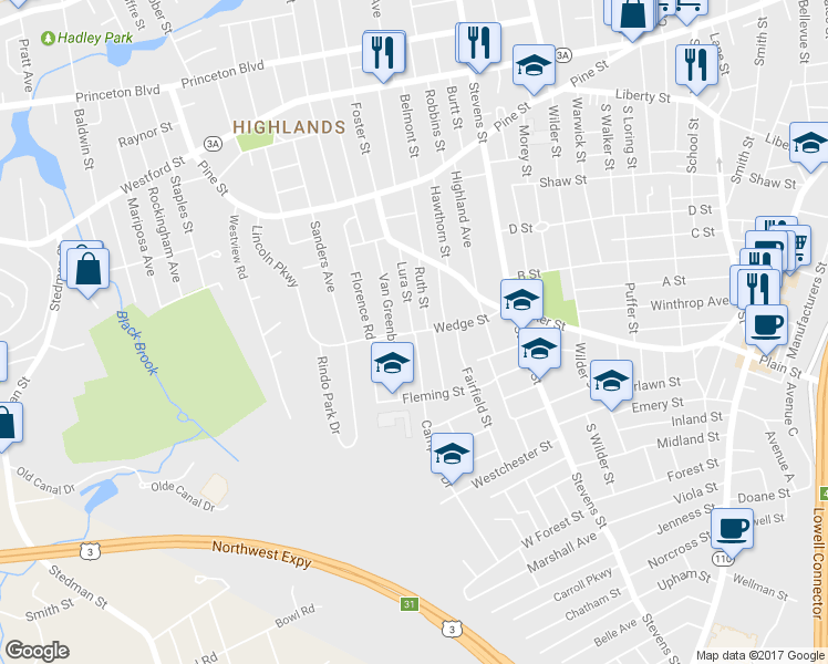 map of restaurants, bars, coffee shops, grocery stores, and more near 79 Wedge Street in Lowell