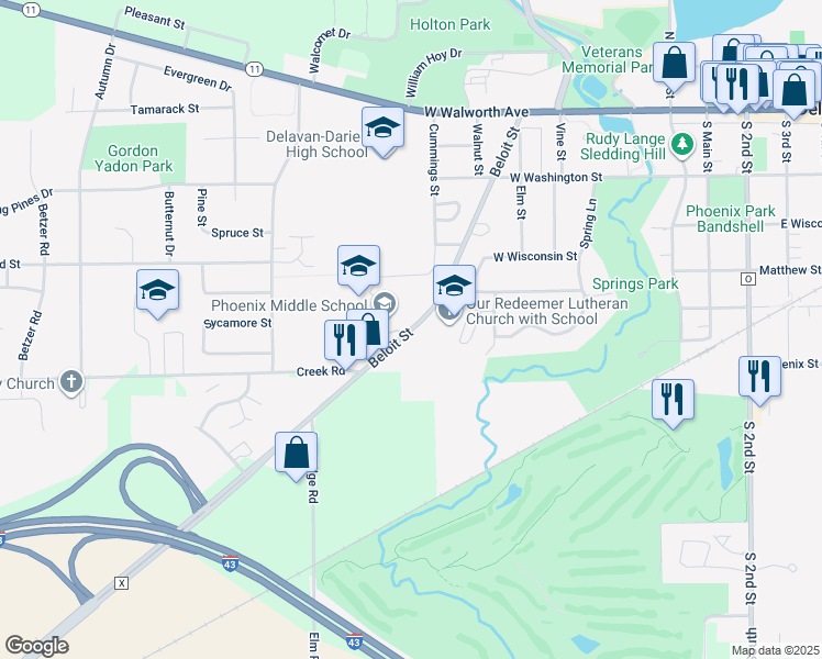 map of restaurants, bars, coffee shops, grocery stores, and more near 453 Beloit Street in Delavan