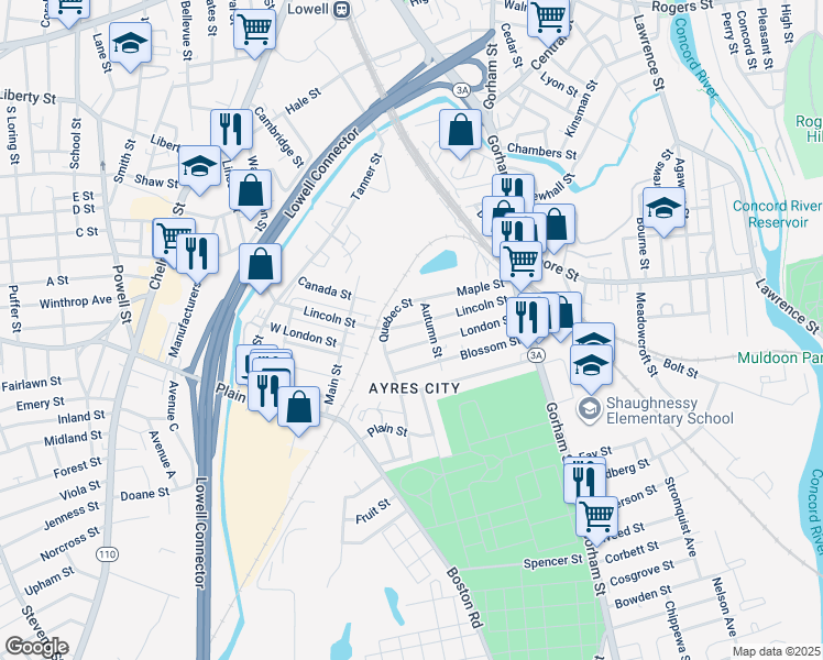 map of restaurants, bars, coffee shops, grocery stores, and more near 329 Lincoln Street in Lowell