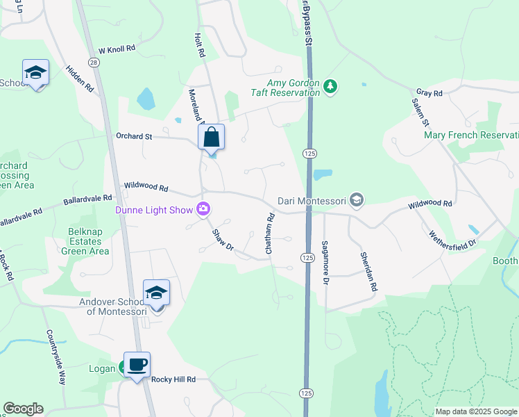 map of restaurants, bars, coffee shops, grocery stores, and more near 53 Wildwood Road in Andover