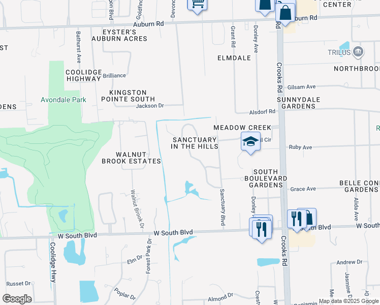 map of restaurants, bars, coffee shops, grocery stores, and more near 3722 Windingbrook Circle in Rochester Hills