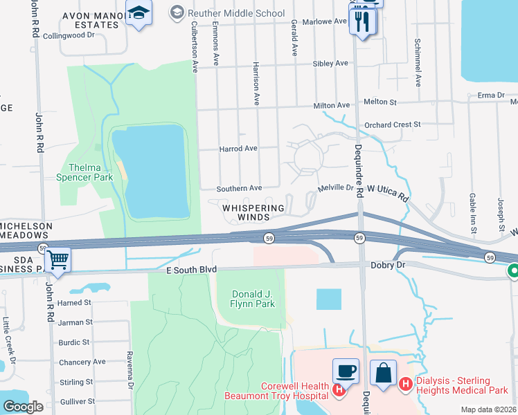 map of restaurants, bars, coffee shops, grocery stores, and more near 1585 O'Neil Circle in Rochester Hills