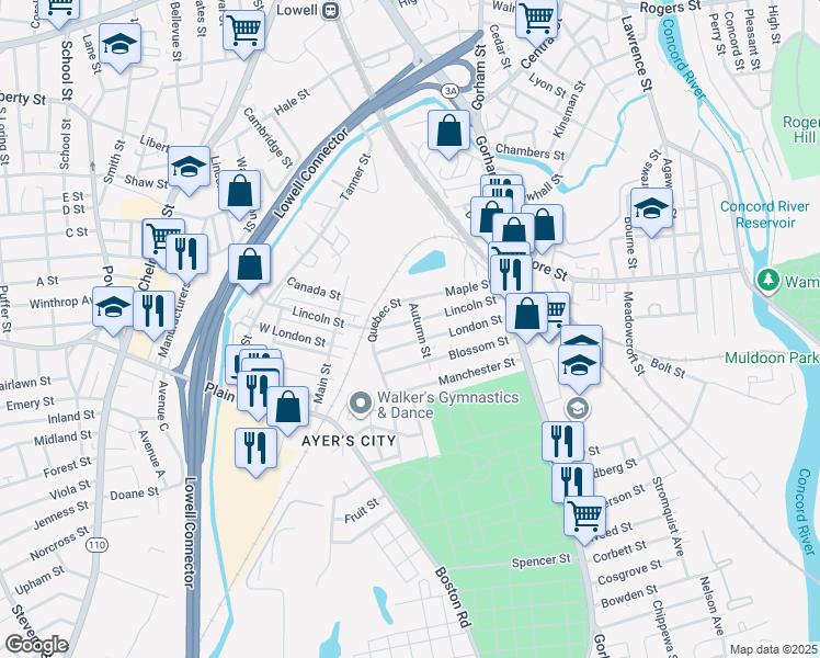 map of restaurants, bars, coffee shops, grocery stores, and more near 341 Lincoln Street in Lowell