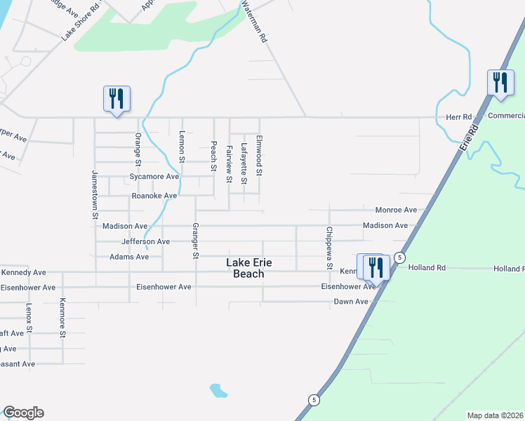 map of restaurants, bars, coffee shops, grocery stores, and more near Monroe Avenue in Lake Erie Beach
