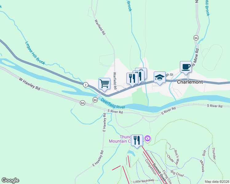 map of restaurants, bars, coffee shops, grocery stores, and more near 53 Main Street in Charlemont