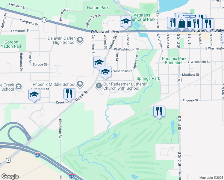 map of restaurants, bars, coffee shops, grocery stores, and more near 419 Coburn Street in Delavan