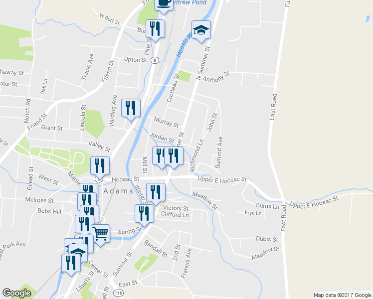 map of restaurants, bars, coffee shops, grocery stores, and more near 37 East Jordan Street in Adams