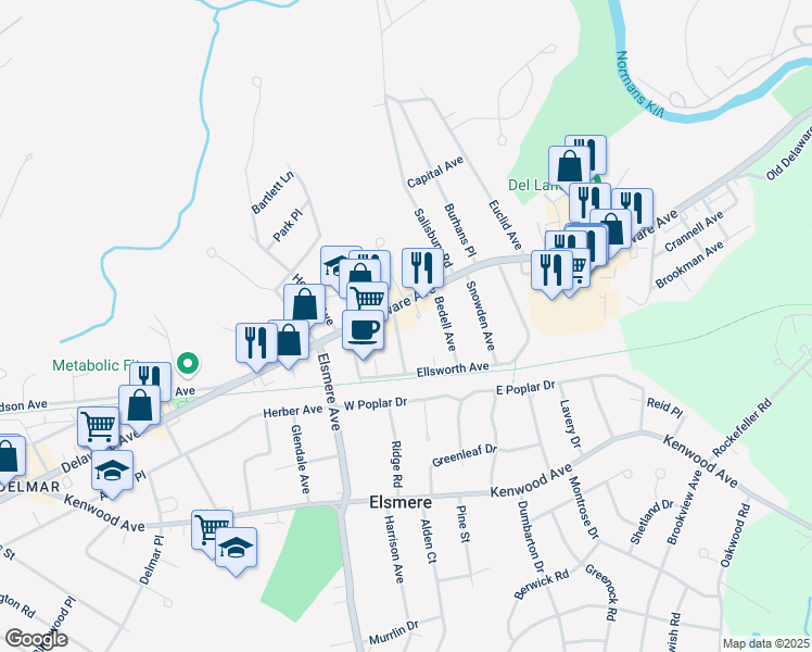 map of restaurants, bars, coffee shops, grocery stores, and more near 6 Lincoln Avenue in Delmar