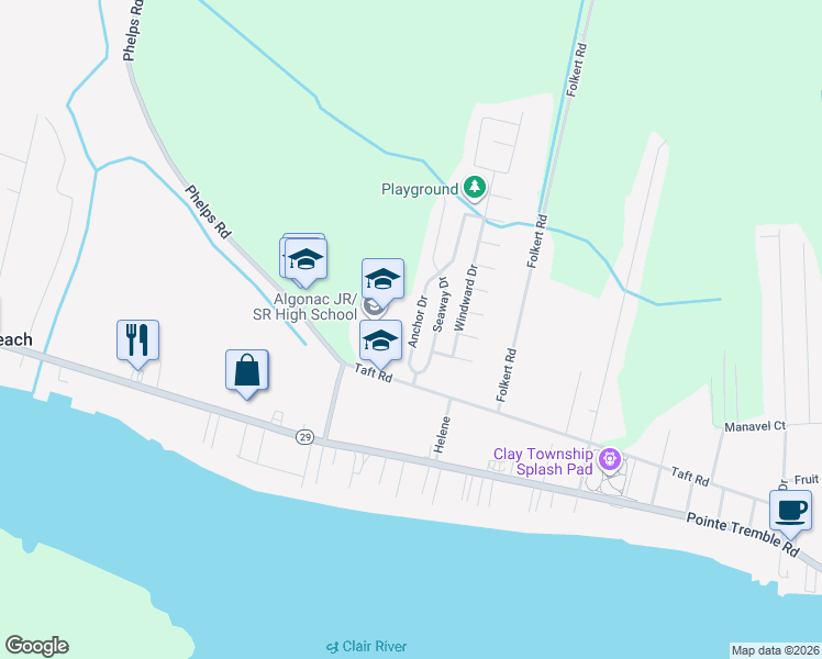 map of restaurants, bars, coffee shops, grocery stores, and more near 9563 Anchor Drive in Clay Township