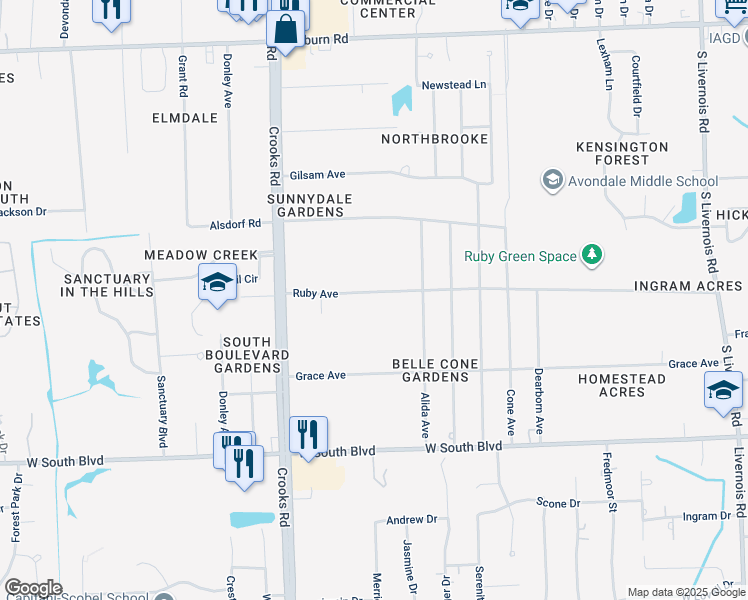 map of restaurants, bars, coffee shops, grocery stores, and more near 1815 Ruby Avenue in Rochester Hills