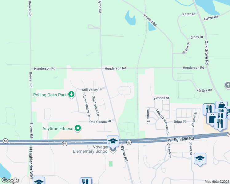 map of restaurants, bars, coffee shops, grocery stores, and more near 1866 Byron Road in Howell