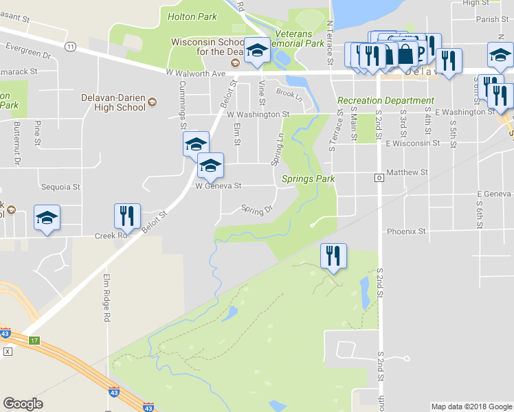 map of restaurants, bars, coffee shops, grocery stores, and more near 201 Spring Drive in Delavan