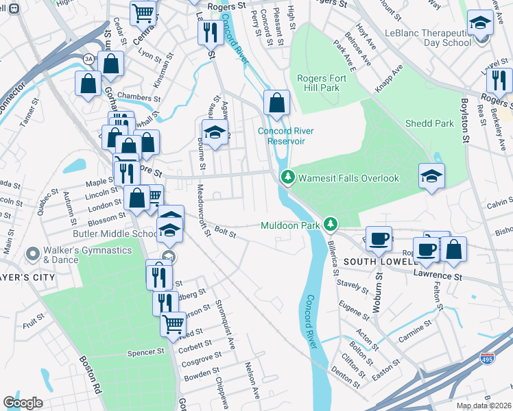 map of restaurants, bars, coffee shops, grocery stores, and more near 47 State Street in Lowell