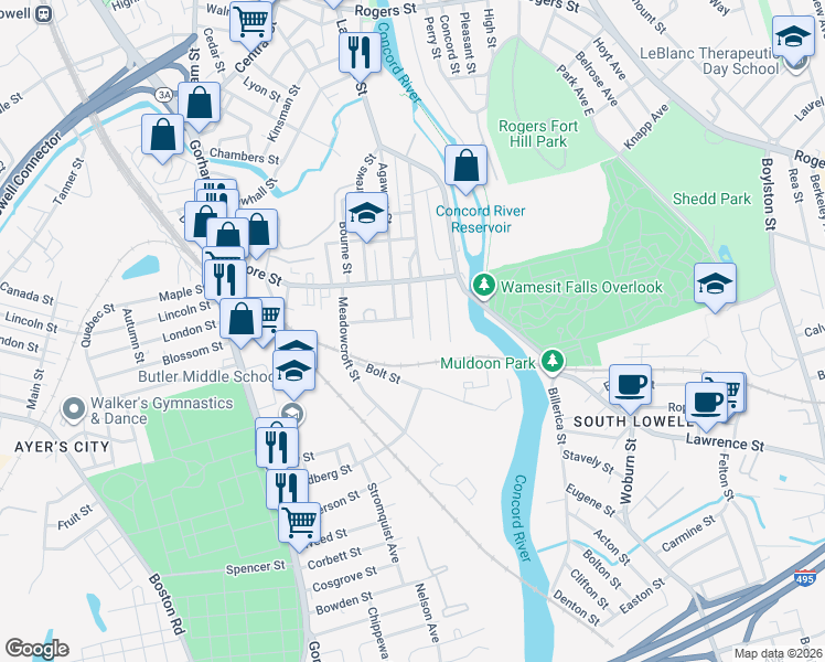 map of restaurants, bars, coffee shops, grocery stores, and more near 51 Saint James Street in Lowell