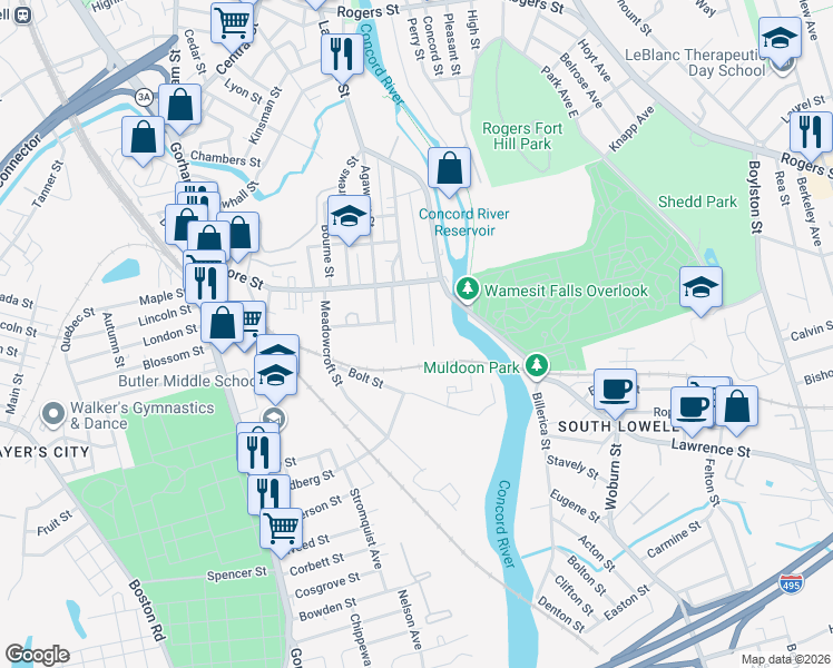 map of restaurants, bars, coffee shops, grocery stores, and more near 47 State Street in Lowell
