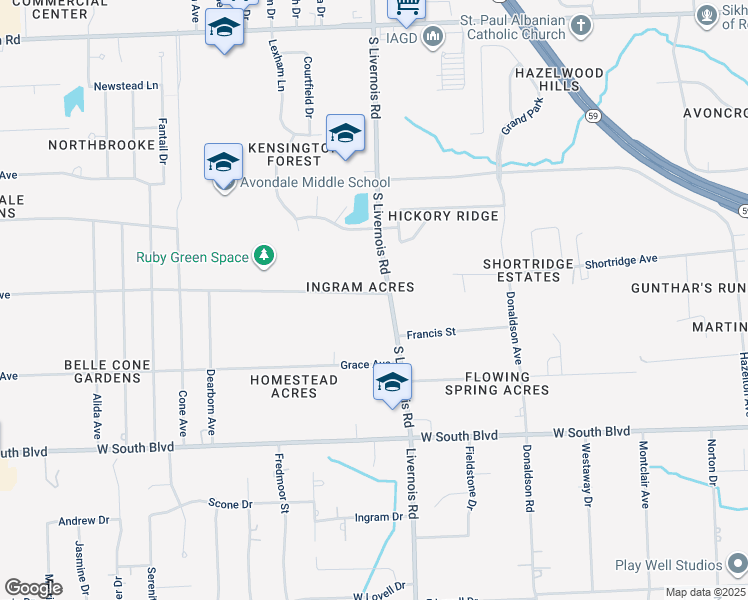 map of restaurants, bars, coffee shops, grocery stores, and more near 3674 South Livernois Road in Rochester Hills