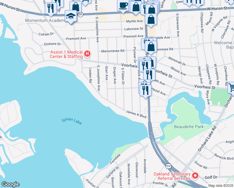 map of restaurants, bars, coffee shops, grocery stores, and more near 285 Draper Avenue in Pontiac