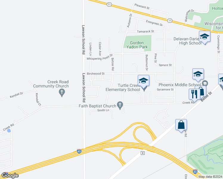 map of restaurants, bars, coffee shops, grocery stores, and more near 507 Betzer Road in Delavan