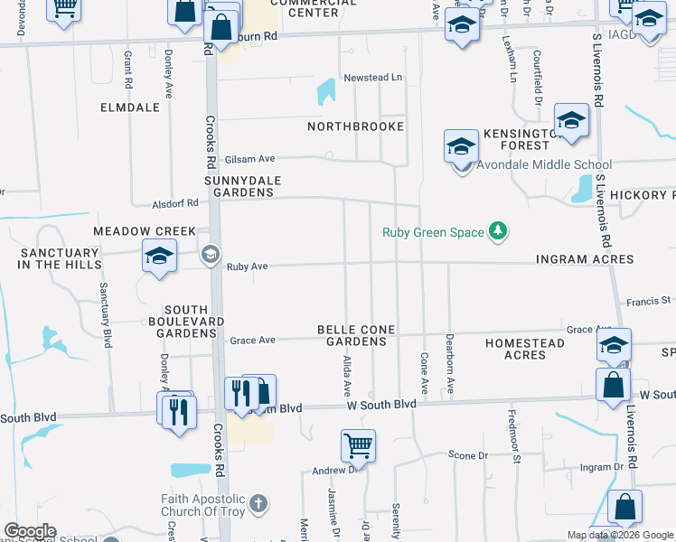 map of restaurants, bars, coffee shops, grocery stores, and more near 3636 Alida Avenue in Rochester Hills