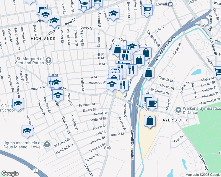 map of restaurants, bars, coffee shops, grocery stores, and more near 48 Parker Street in Lowell