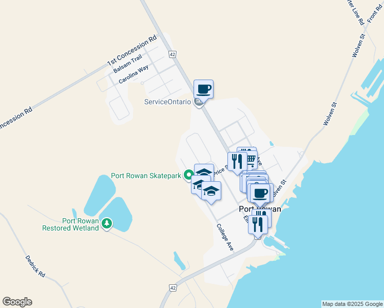 map of restaurants, bars, coffee shops, grocery stores, and more near 80 Backus Drive in Port Rowan