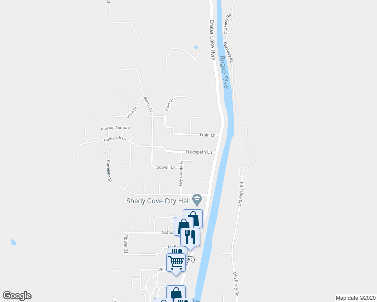 map of restaurants, bars, coffee shops, grocery stores, and more near 105 Hudspeth Lane in Shady Cove
