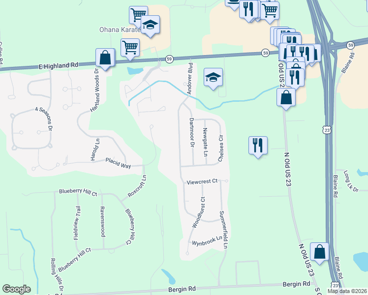map of restaurants, bars, coffee shops, grocery stores, and more near 1654 Andover Boulevard in Howell