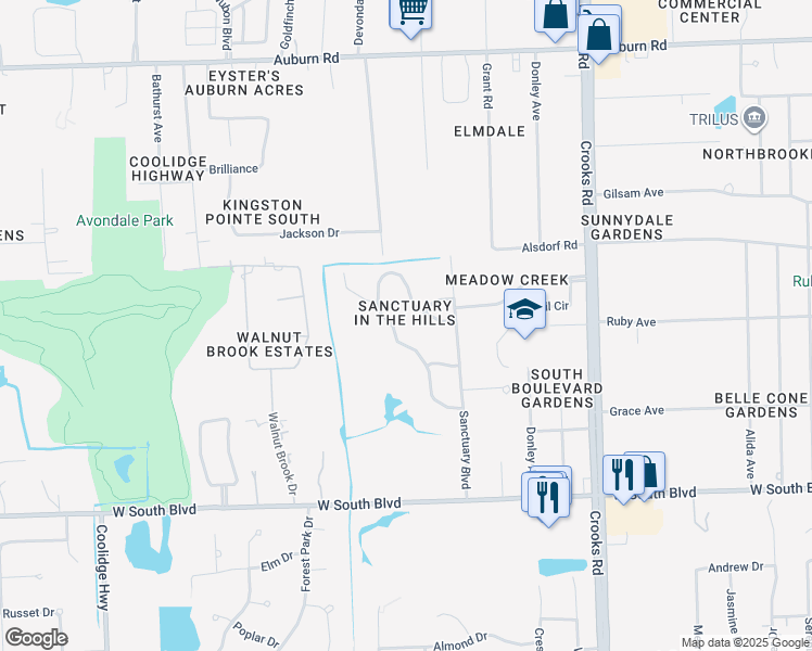 map of restaurants, bars, coffee shops, grocery stores, and more near 3722 Windingbrook Circle in Rochester Hills