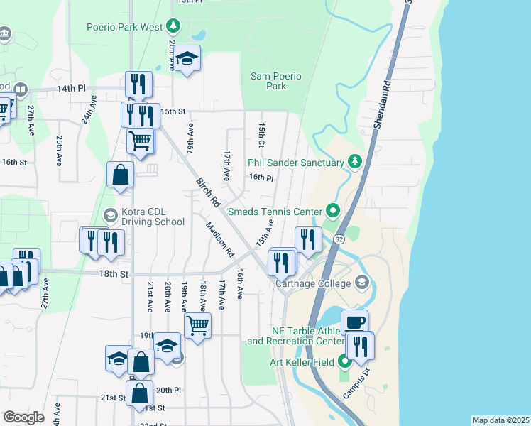 map of restaurants, bars, coffee shops, grocery stores, and more near 1730 15th Avenue in Kenosha
