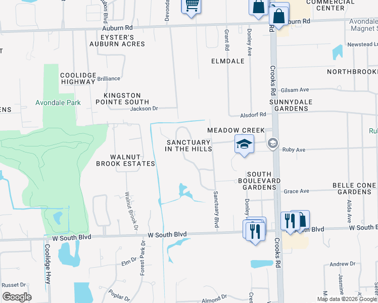 map of restaurants, bars, coffee shops, grocery stores, and more near 3722 Windingbrook Circle in Rochester Hills