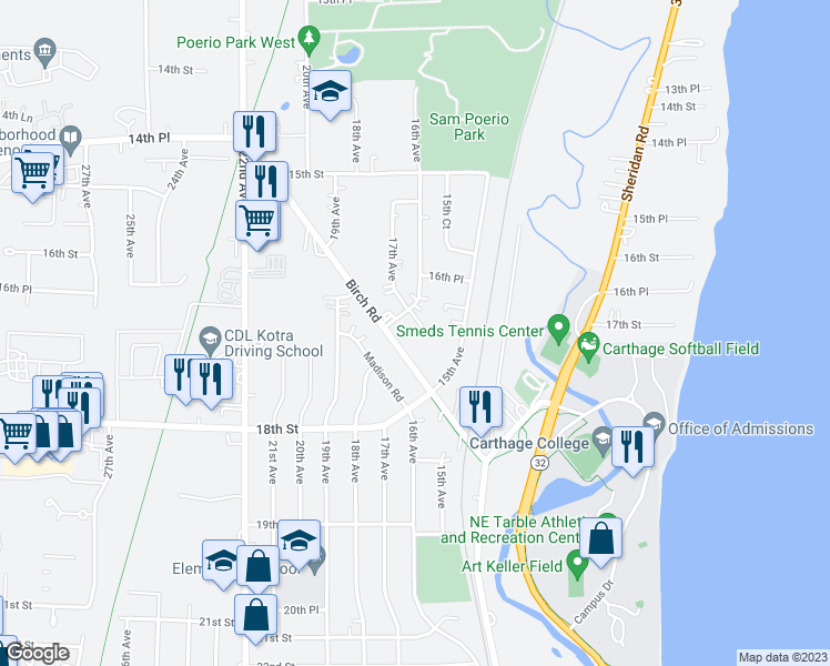map of restaurants, bars, coffee shops, grocery stores, and more near 1701 Birch Road in Kenosha