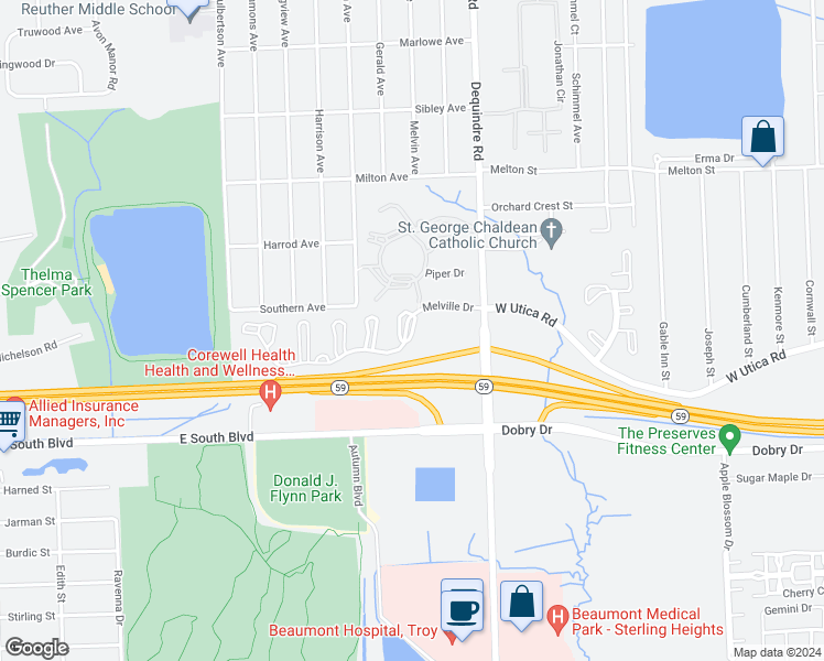 map of restaurants, bars, coffee shops, grocery stores, and more near 1621 Melville Drive in Rochester Hills