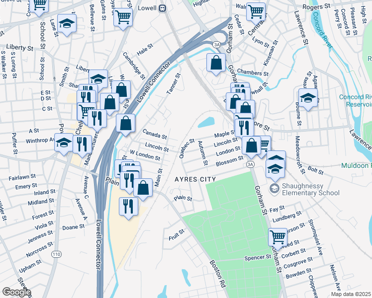 map of restaurants, bars, coffee shops, grocery stores, and more near 128R Maple Street in Lowell