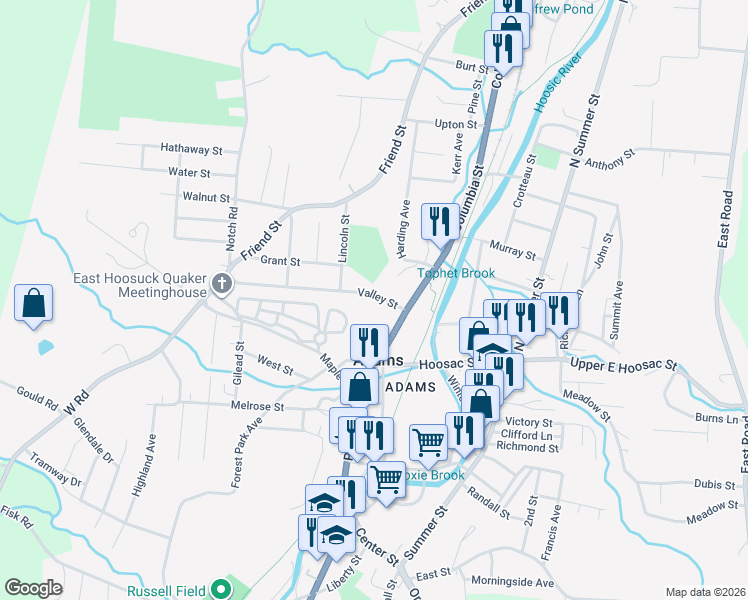 map of restaurants, bars, coffee shops, grocery stores, and more near 2 Valley Street in Adams