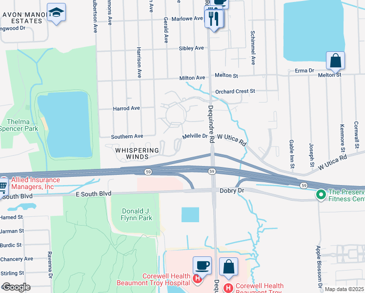 map of restaurants, bars, coffee shops, grocery stores, and more near 1621 Melville Drive in Rochester Hills