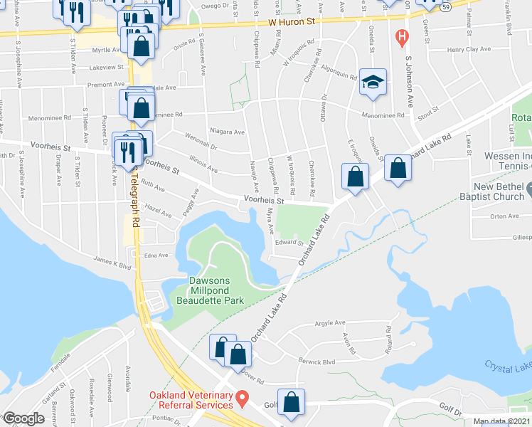 map of restaurants, bars, coffee shops, grocery stores, and more near 18 Myra Avenue in Pontiac