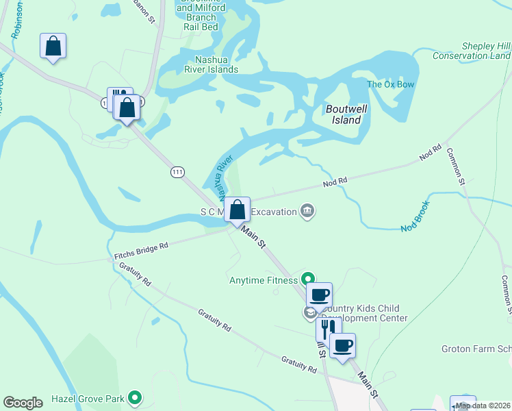 map of restaurants, bars, coffee shops, grocery stores, and more near 18 Nod Road in Groton