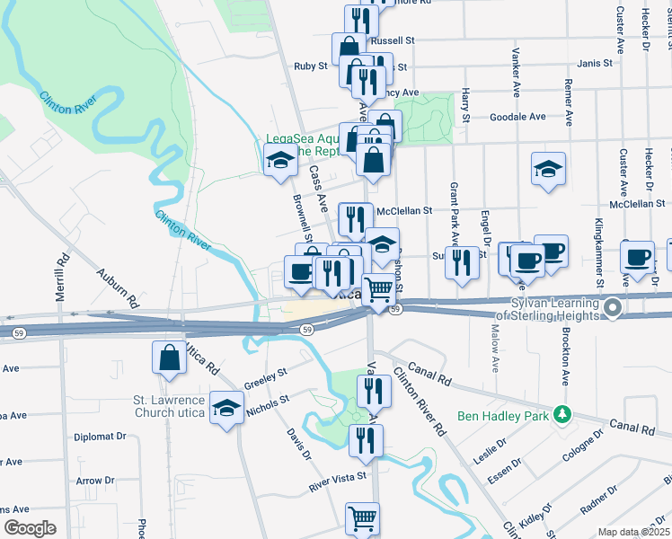 map of restaurants, bars, coffee shops, grocery stores, and more near 45199 Cass Avenue in Utica