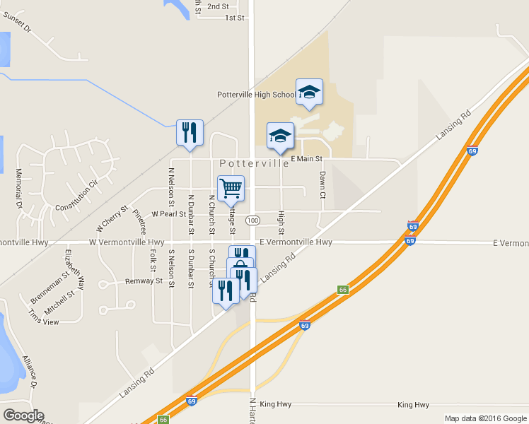 map of restaurants, bars, coffee shops, grocery stores, and more near 340 East Pearl Street in Potterville