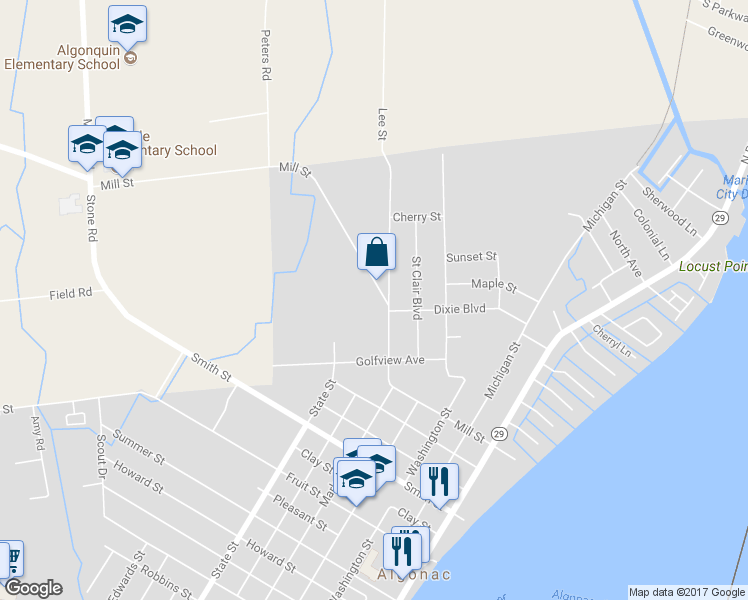 map of restaurants, bars, coffee shops, grocery stores, and more near 815 Mill Street in Algonac