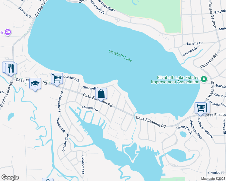 map of restaurants, bars, coffee shops, grocery stores, and more near 900 Sarena Drive in Waterford Township