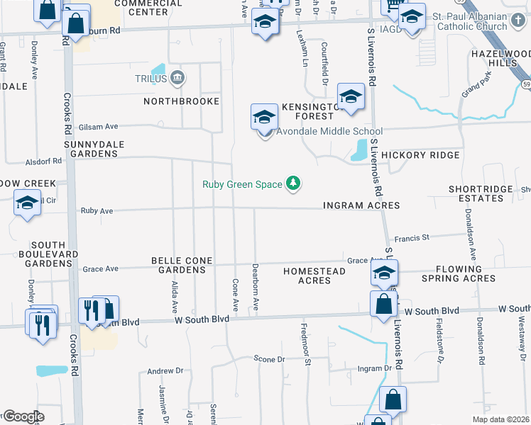 map of restaurants, bars, coffee shops, grocery stores, and more near 1425 Ruby Avenue in Rochester Hills