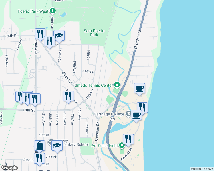map of restaurants, bars, coffee shops, grocery stores, and more near 1681 12th Avenue in Kenosha
