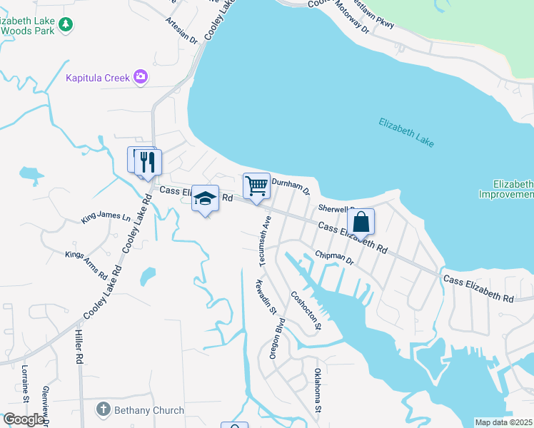 map of restaurants, bars, coffee shops, grocery stores, and more near 5157 Cass Elizabeth Road in Waterford Township