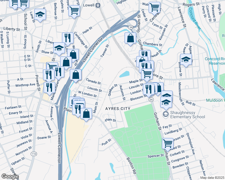 map of restaurants, bars, coffee shops, grocery stores, and more near 128R Maple Street in Lowell