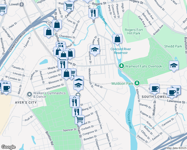 map of restaurants, bars, coffee shops, grocery stores, and more near 15 Saint James Street in Lowell