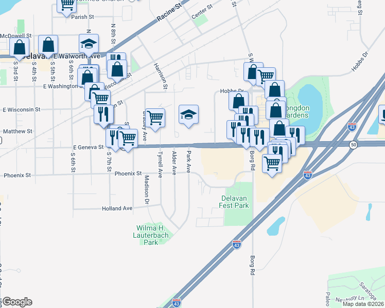 map of restaurants, bars, coffee shops, grocery stores, and more near 505 Park Avenue in Delavan