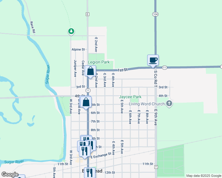 map of restaurants, bars, coffee shops, grocery stores, and more near 301 East 4th Avenue in Brodhead
