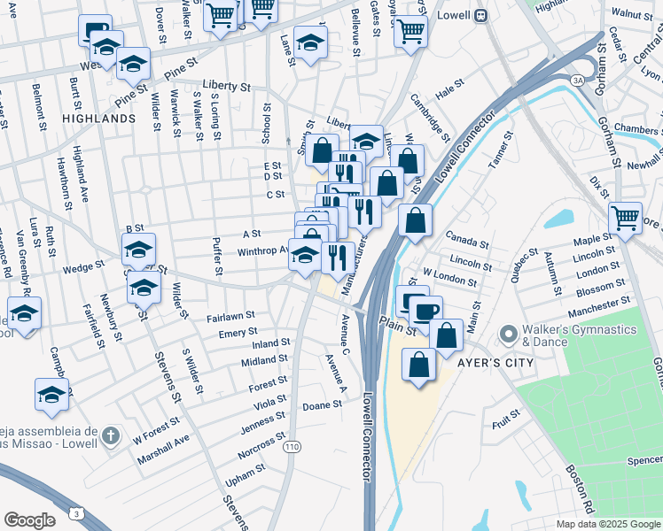 map of restaurants, bars, coffee shops, grocery stores, and more near 472 Chelmsford Street in Lowell