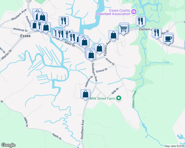 map of restaurants, bars, coffee shops, grocery stores, and more near 23 Southern Avenue in Essex